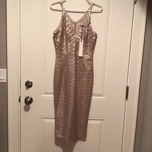 Rose Gold sequin midi dress. Dress the Population.